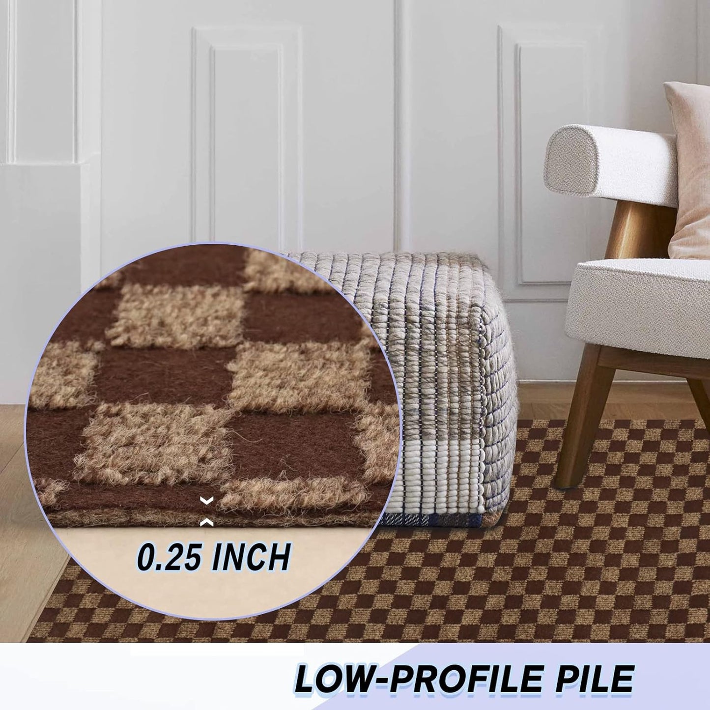 Custom Size Backed Non-Slip Area Rugs Runner, Easy Clean, Waterproof Runner Rugs for Hallway Entryway, Kitchen, Laundry, 3FT x 82FT, Brown Checkered