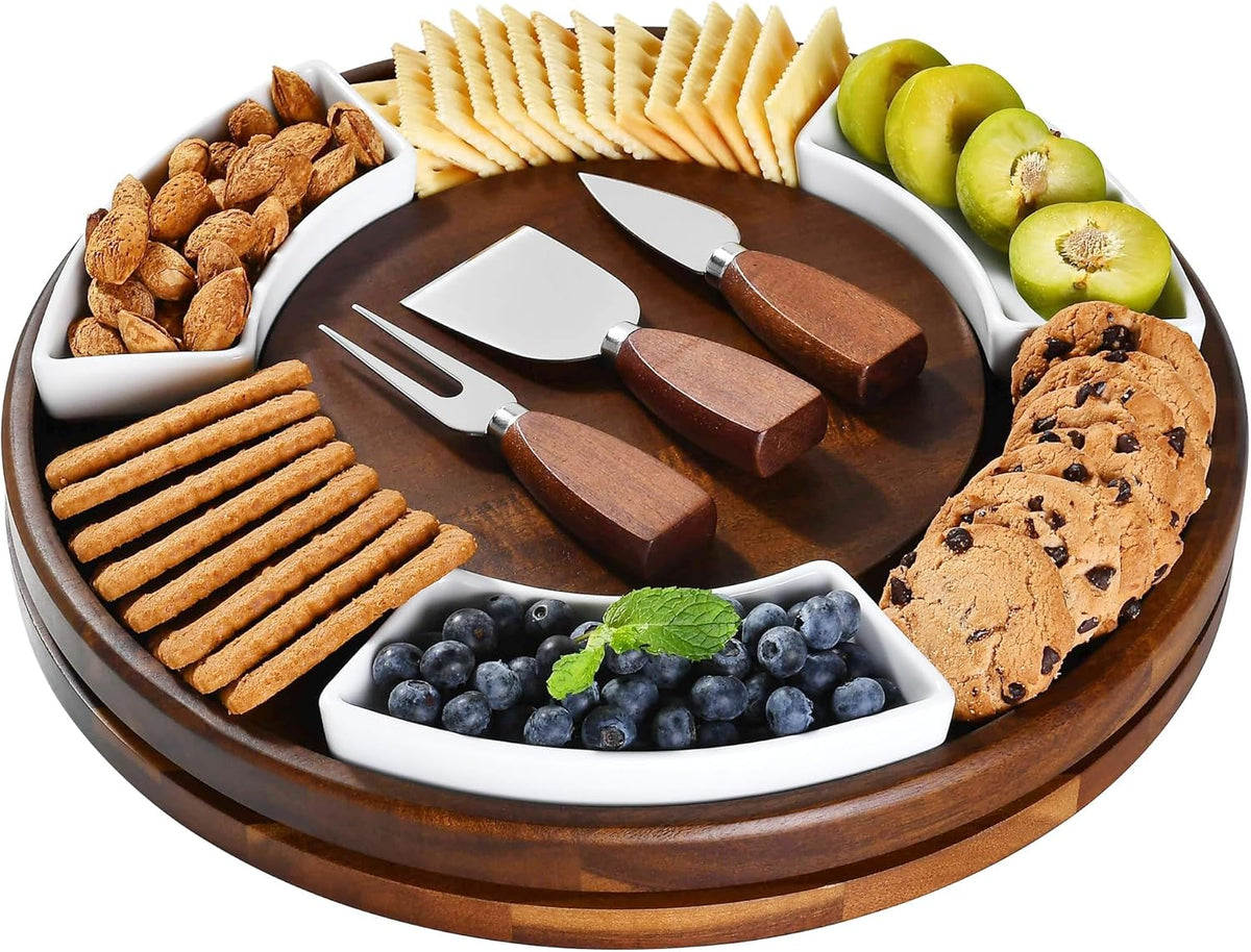 Shanik Lazy Susan Table Top Cheeseboard- Acacia Wood Rotating Serving Platter for Cheese, Charcuterie, and Appetizers, Elegant Serving Tray for Snacks, Entertaining, Parties and Family Gatherings