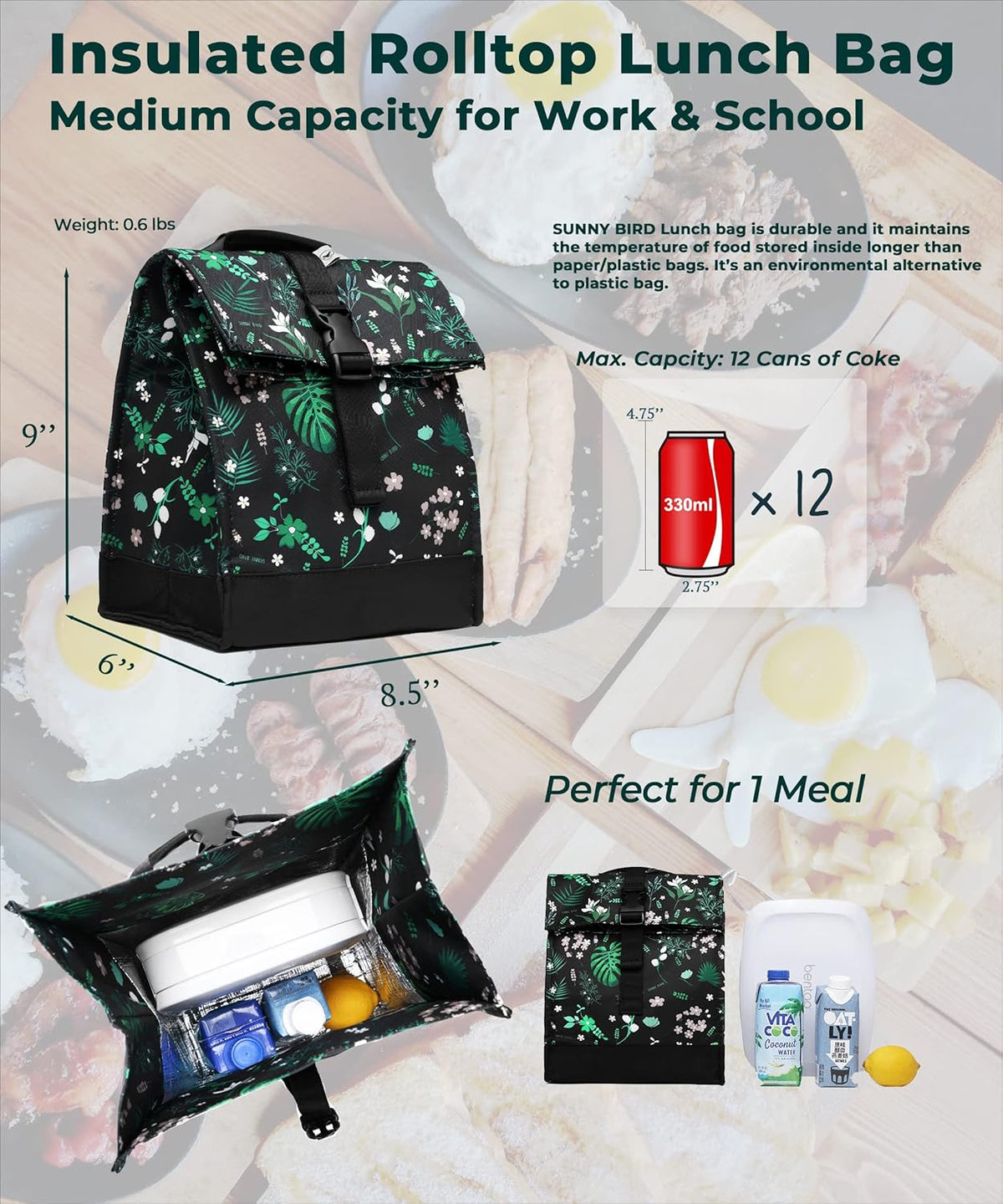SUNNY BIRD Insulated Lunch Bag Rolltop Lunch Box Tote Bag for Women, Men, Adults and Teens (Floral & Foliage)
