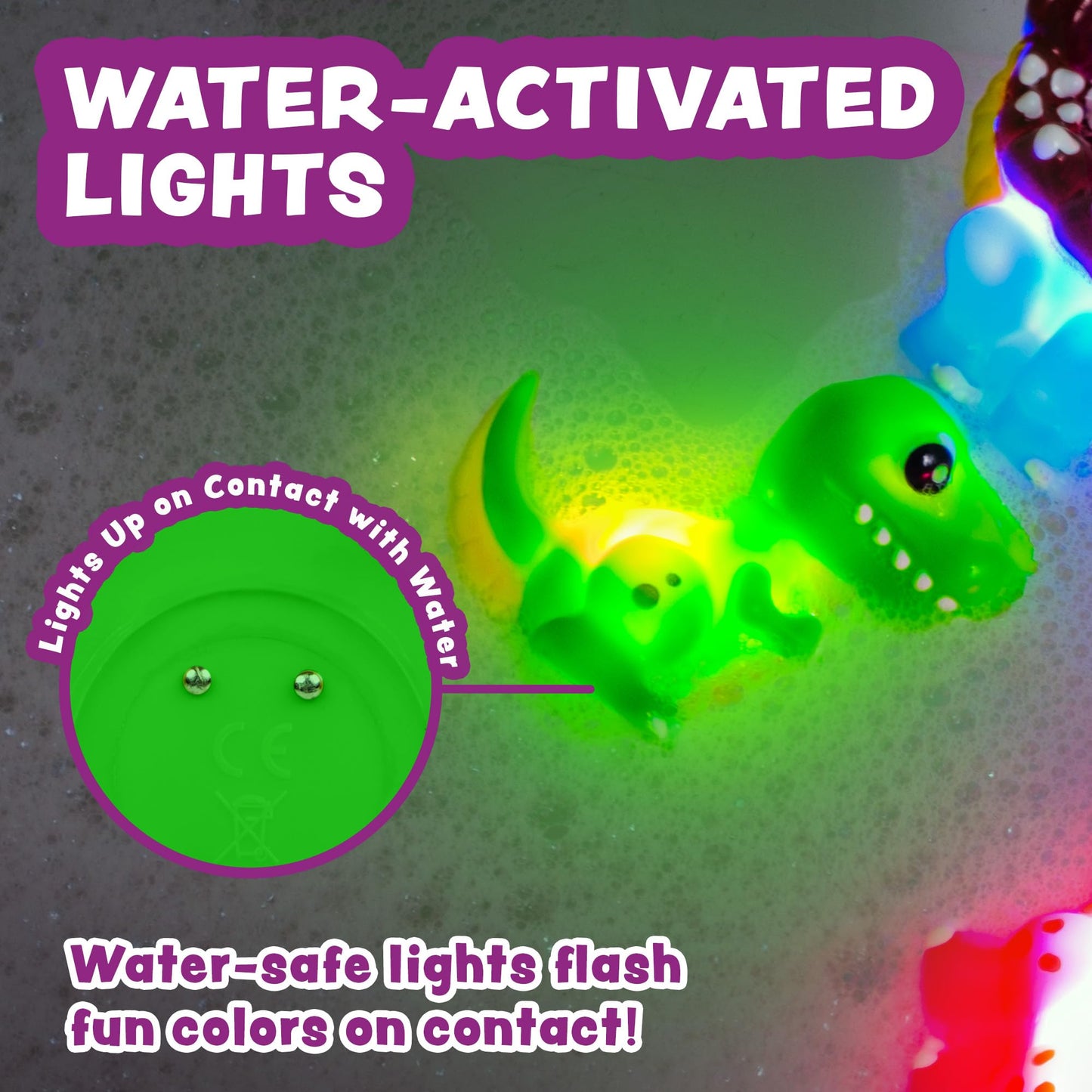 Tub Works® Dinos™ Dinosaur Light Up Bath Toys, 6 Pack | Water-Activated Light Up Toys Flash & Change Color | Easy-Grip Baby & Toddler Bath Toys | Sensory Bath Lights Watertight Bathtub Toys