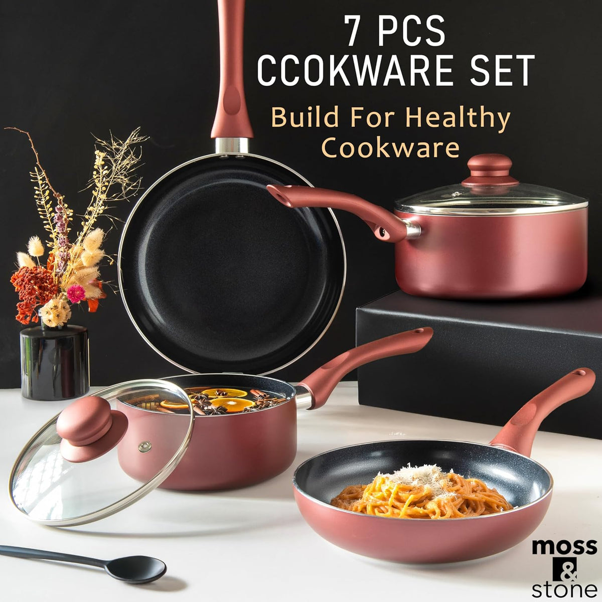 Moss & Stone 6 Pcs Nonstick Cookware Set, Pots And Pans Set Non stick With Glass Lid, Induction Cookware, Stay-Cool Handle PTFE/PFOA Kitchen Pots 6-Piece with Frying Pans & Saucepan, Burgundy