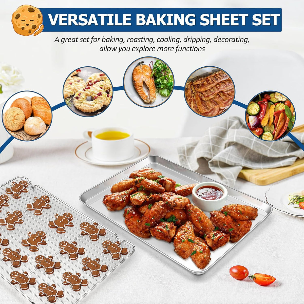TeamFar Baking Sheet with Rack Set, Stainless Steel Baking Pan Cookie Sheet with Cooling Rack, Size 17.6 x 13 x 1inch, Non Toxic & Heavy Duty, Easy Clean & Dishwasher Safe