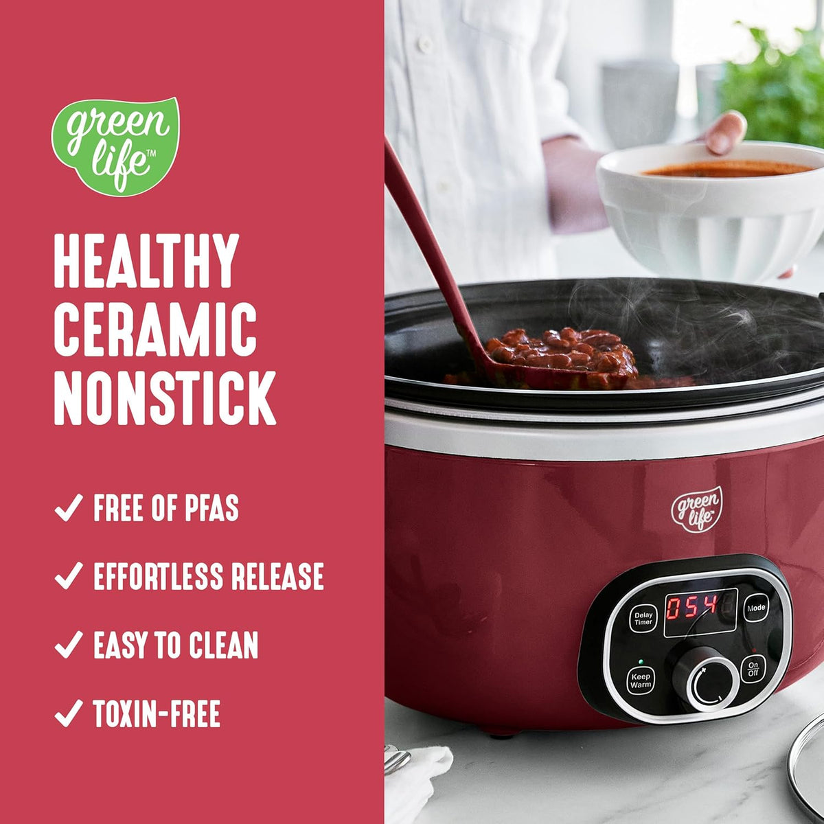 GreenLife 6QT Slow Cooker, Non-Toxic PFAS-Free Ceramic Nonstick Removable Interior Bowl, Programmable, Family Friendly, Keep Warm, Stovetop & Oven Safe, Dishwasher Safe Parts, Timer, Glass Lid, Red