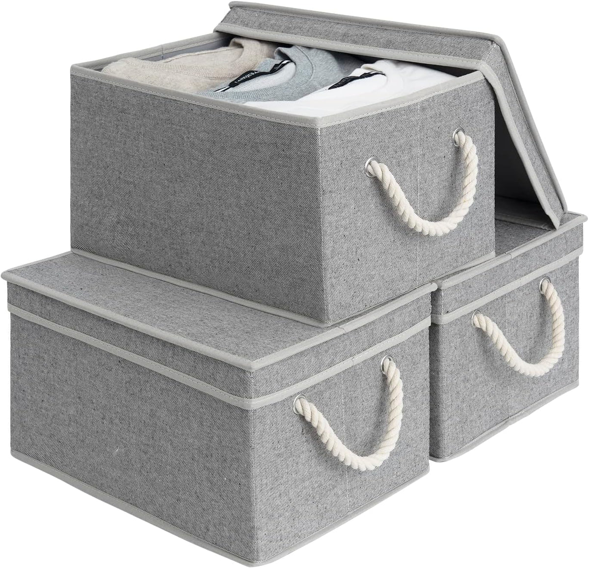 StorageWorks Large Storage Bins with Lids, Decorative Storage Boxes with Lid and Soft Rope Handles, Foldable Storage Baskets for Closet, Shelves, Stackable, Gray, 3-Pack