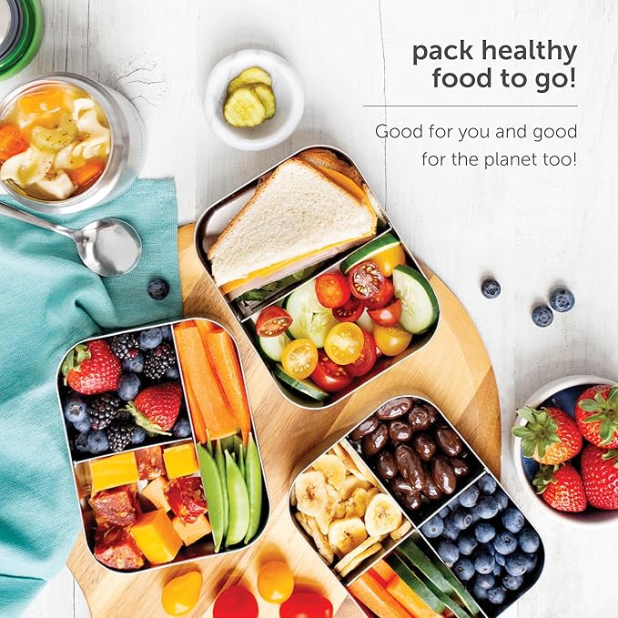 LunchBots Medium Uno Stainless Steel Sandwich Container - Open Design for Wraps - Salads or a Small Meal - Eco-Friendly - Dishwasher Safe and BPA-Free - Blue Dots