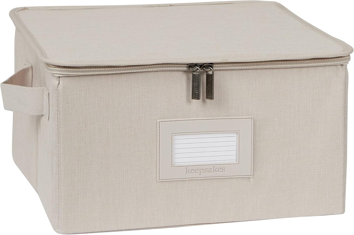 Covermates Keepsakes Dish Storage Box - Stackable, Reinforced Handles, China Storage, Beige Heather