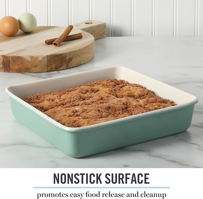 Martha Stewart Gallen 9 Inch Square Nonstick Carbon Steel Cake Pan - Teal Durable Baking Pan for Cakes, Brownies & Desserts