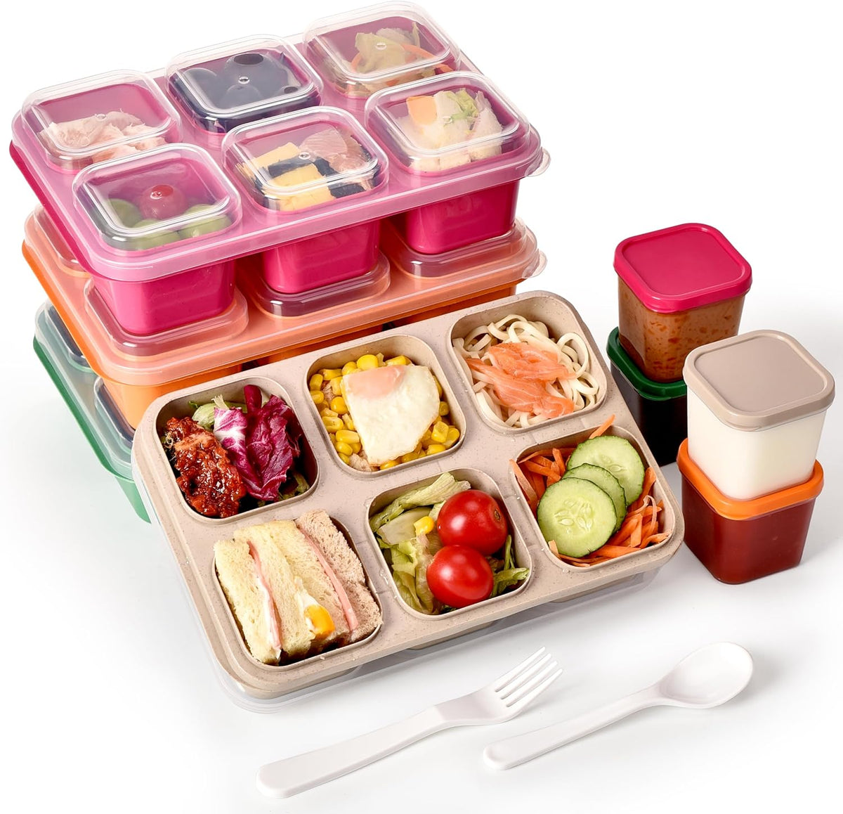 4-Pack Leakproof Bento Box & Snack Containers for Kids & Adults | 6-Compartment with 4 Sauce Cups | Ideal for School, Office, Picnic & Travel (38oz/1100ml) (Pink/Beige/Orange/Green)