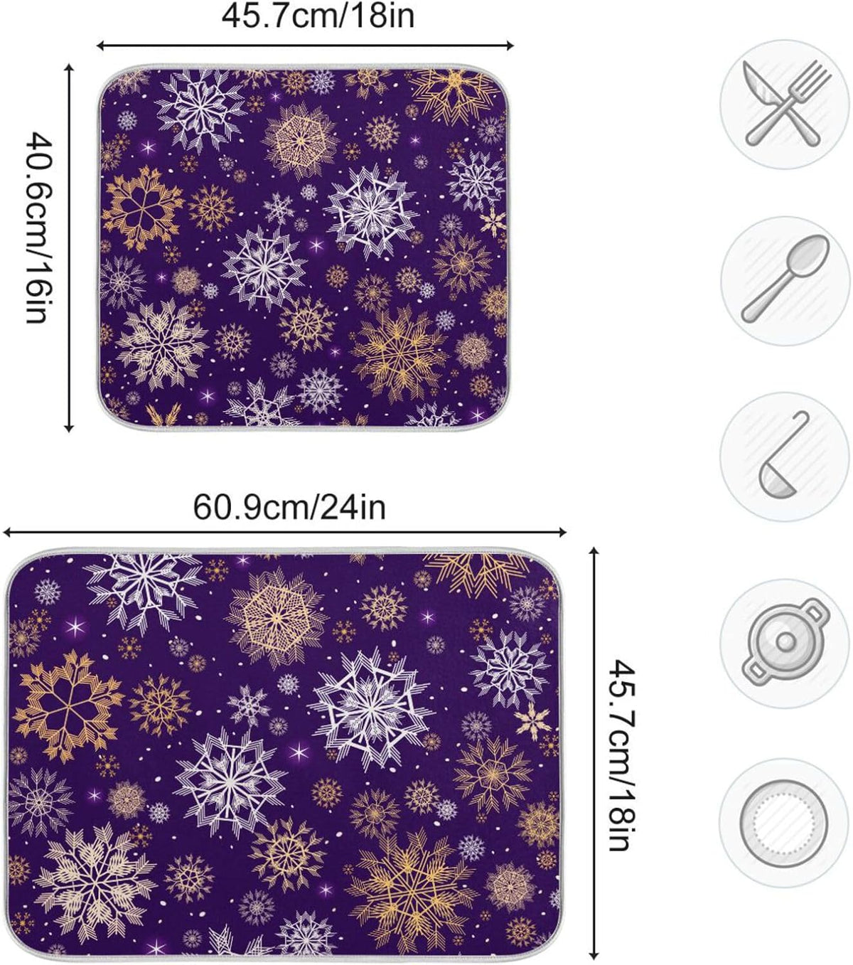 Christmas Purple Gold Snowflakes Dish Drying Mat for Kitchen Counter Absorbent Microfiber Drying Pad, Large 18x24 in, Reversible Drainer Mats
