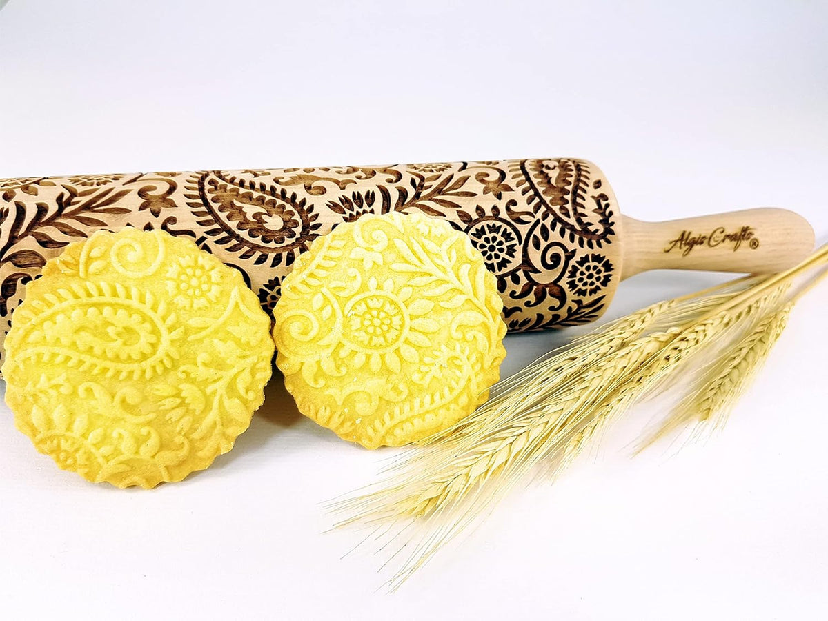 INDIAN embossing rolling pin with Indian Paisley Pattern. Dough roller for embossed cookies and Pottery by Algis Crafts