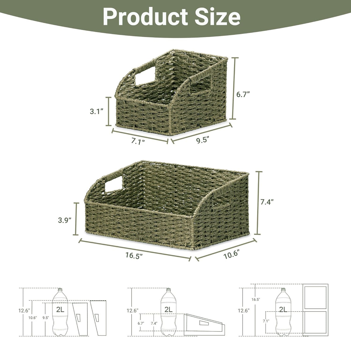 Wicker Baskets for Organizing,Pantry, Kitchen Counter with Handles, Handwoven Woven Storage Baskets for Fruit, Bread, Vegetable, Paper Storage Bins for Shelves, 3 Pack, Green
