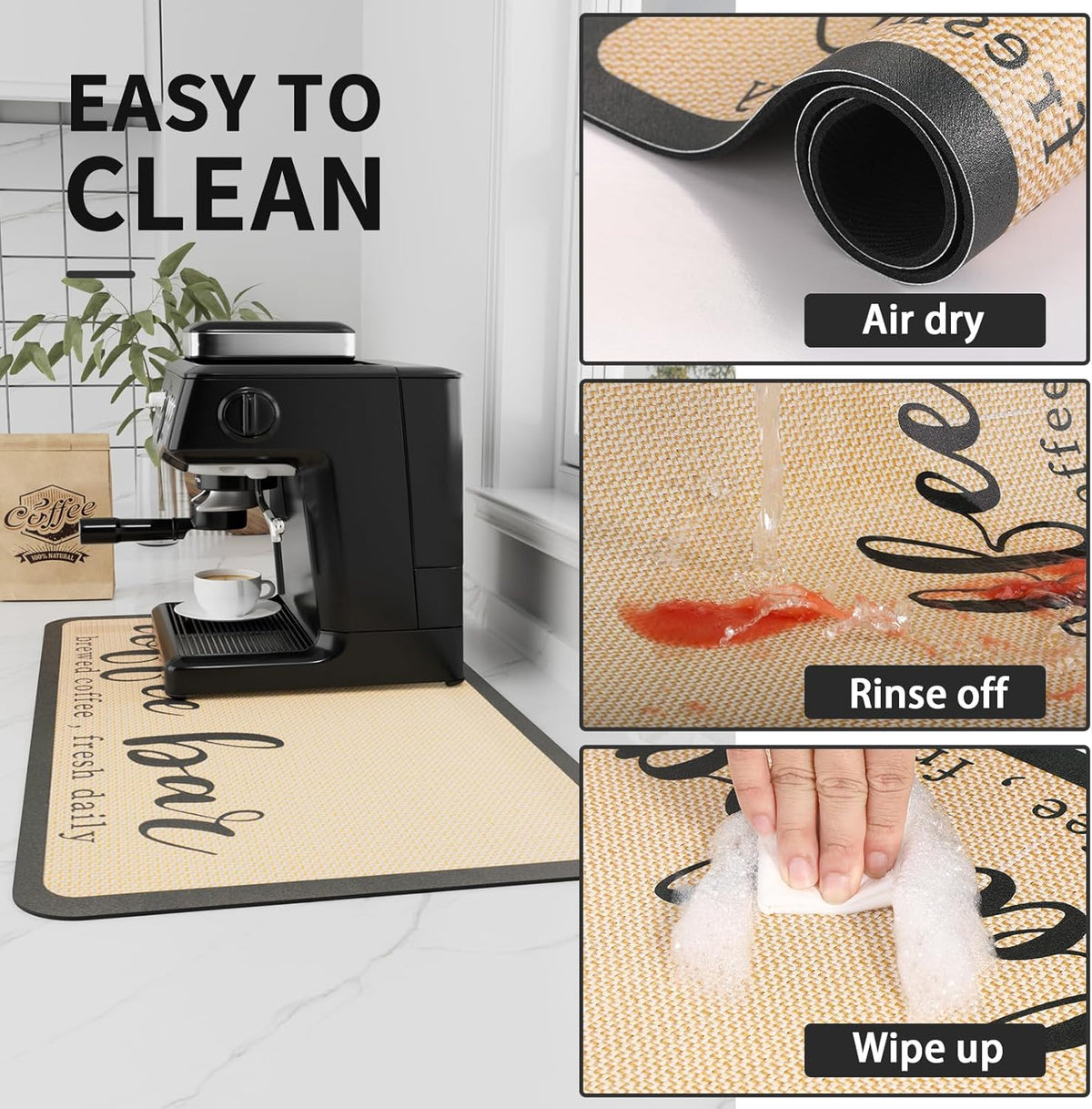 Coffee Mat - Absorbent Hide Stain Rubber Backed Dish Drying Mat for Kitchen Counter - Bar Mats for Countertops Accessories Fit Under Coffee Maker Espresso Machine