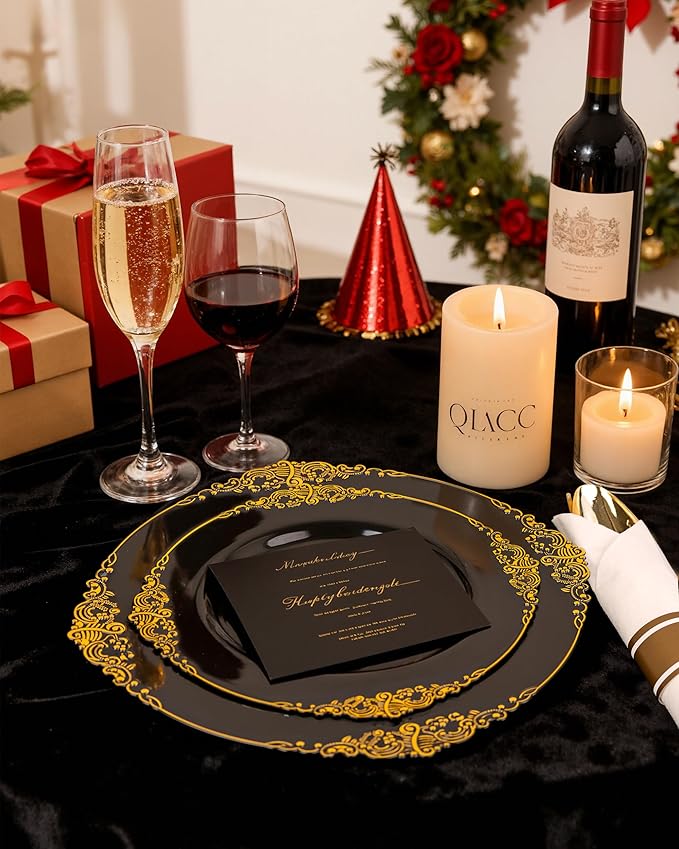 Nervure 350PCS Black Plastic Plates - Black Plastic Dinnerware Sets for 50 Guests - 100 Disposable Plates, 150 Gold Silverware, 50 Cups, 50 Napkins for Wedding & Party & Halloween