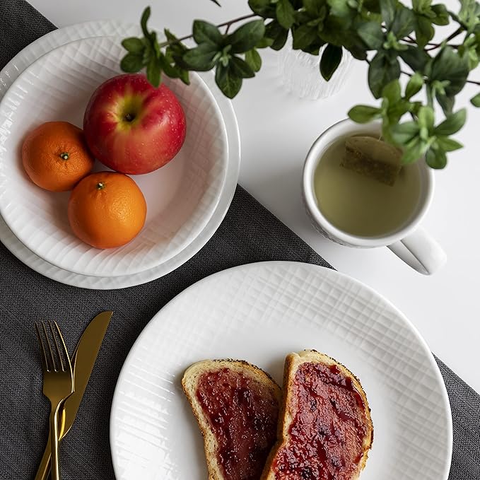 Corelle Dinnerware Set, 12-Piece, Linen Weave, Tempered Glass, Dinner Plates, Side Plates & Bowls, 3X More Durable, Half The Space & Weight of Ceramic, 1146908
