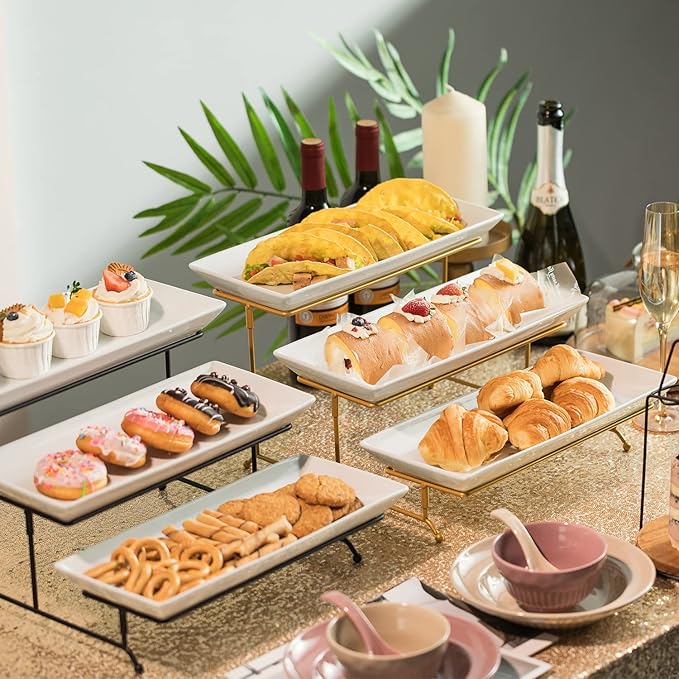 Gomakren 3 Tier Serving Stand with Porcelain Serving Platter Tray - Collapsible Gold Stand with 3 Piece Large14 Inch White Plates for Food Presentation Dessert Server Display and Entertaining