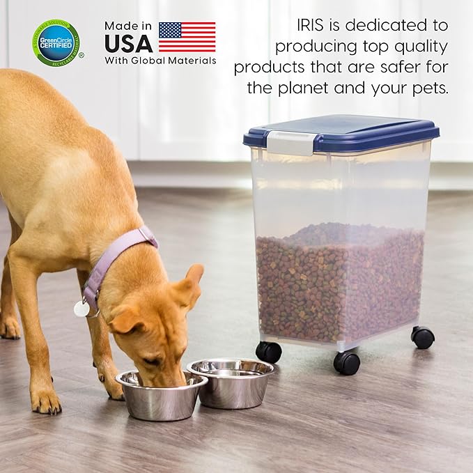 IRIS USA 30 Lbs / 33 Qt WeatherPro Airtight Pet Food Storage Container with Attachable Casters, For Dog Cat Bird and Other Pet Food Storage Bin, Keep Fresh, Translucent Body, Easy Mobility, Navy