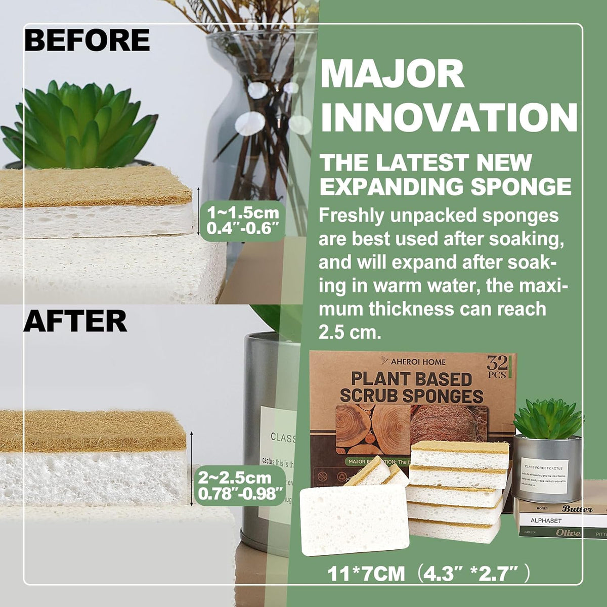 Aheroi Natural Dish Sponge, 32 Count Plant-Based Biodegradable Compostable Kitchen Sponges for Dishes Bulk, Organic Eco Friendly Cleaning Sponge for Bathroom, Household, Non Scratch Non Toxic
