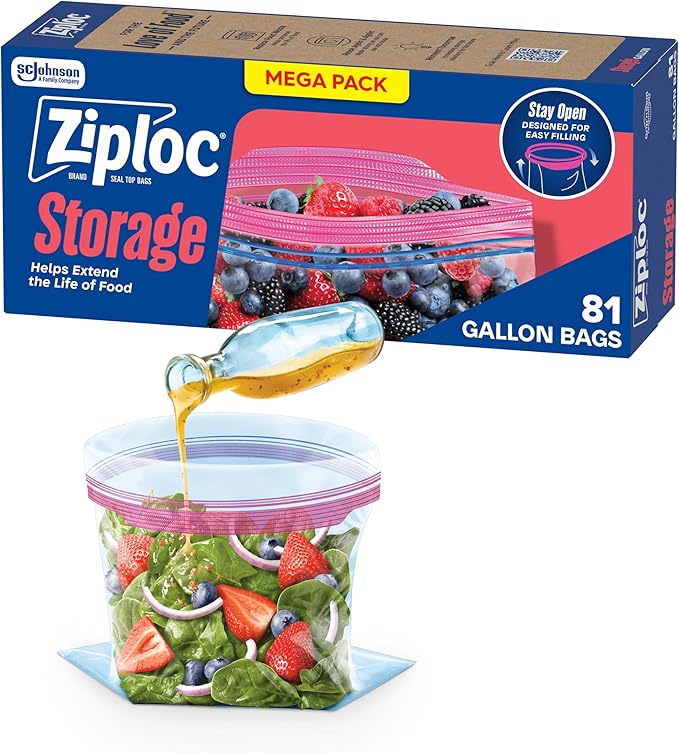 Ziploc Gallon Food Storage Bags, Stay Open Design with Stand-Up Bottom, Easy to Fill, 81 Count (Packaging May Vary)
