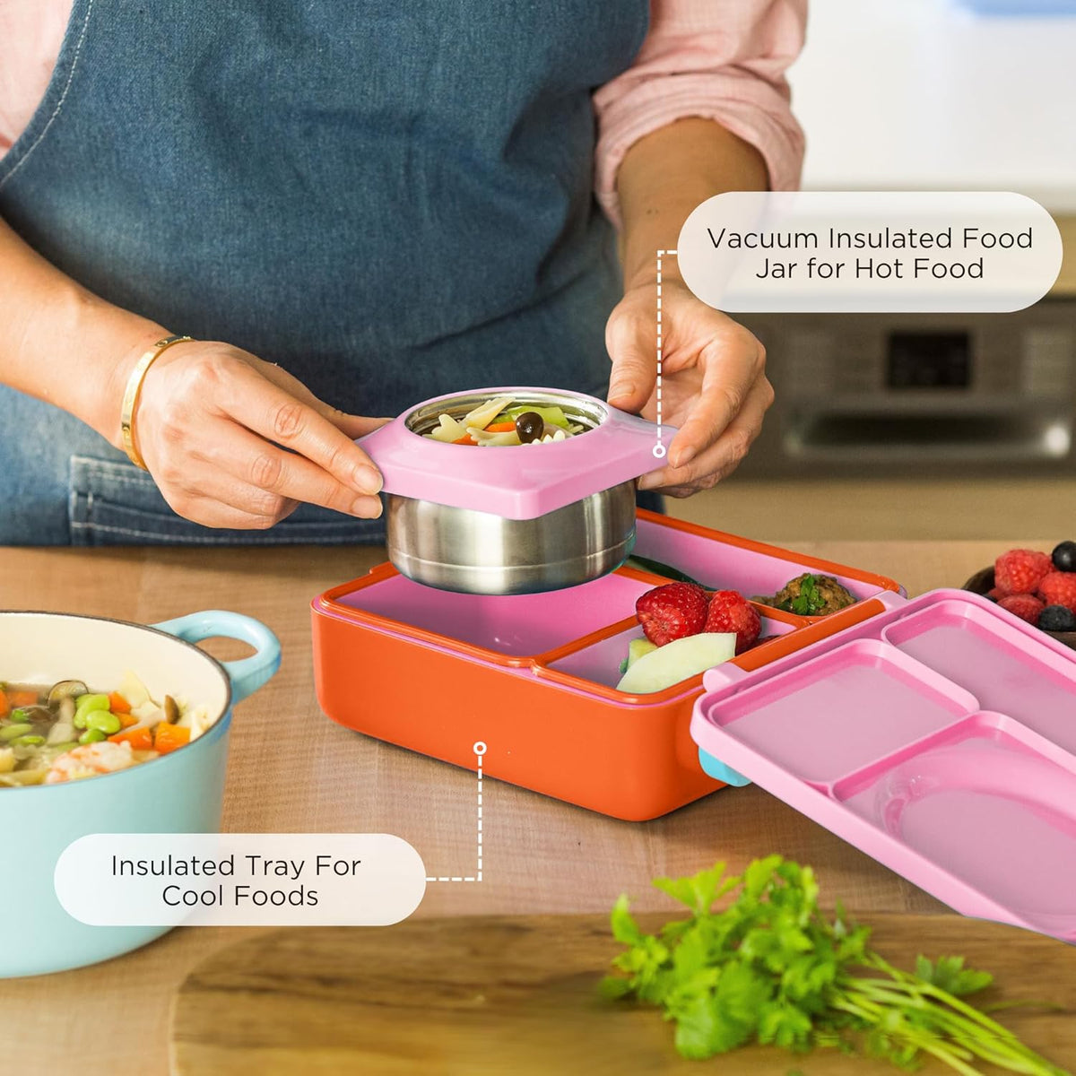 OmieBox Bento Box for Kids - Insulated Bento Lunch Box with Leak Proof Vacuum Insulated Food Jar - 3 Compartments, Two Temperature Zones (Pink Berry)