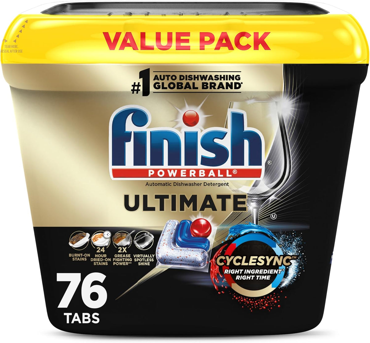 Finish Ultimate Dishwasher Pods, No Pre-Rinse Dishwasher Detergent Soap Removes Burnt-On Stain, with CycleSync Technology, Degreasing & Scrubbing Power, 76 Count