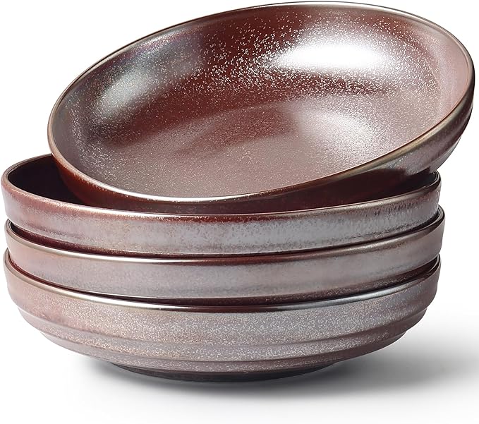 HAPPY KIT 9'' Large Pasta Bowls Set of 4, 42 Oz, Stoneware Reactive Glaze Salad Bowls, Ceramic Serving Bowls for Fruit,Soup,Noodle, Dinner, Scratch Resistant, Dusty Rose