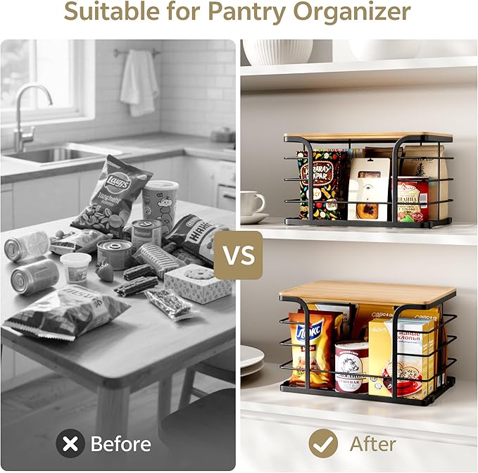 2 Pack Extra Large Stackable Pantry Organizers and Storage,Wall Mount Trash Bag Holder Dispenser with Bamboo Top for Kitchen Laundry Room Organization,Black