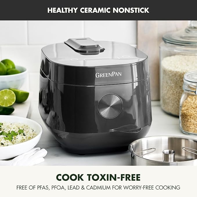 GreenPan Carb Reducing Electric Rice Cooker, 4 Cups Uncooked/8 Cooked Rice, 10 Presets, LED Display, Healthier Meals, Delay Timer, PFAS-Free Ceramic Nonstick Removable Bowl, Cool Touch, Steam, Graphite