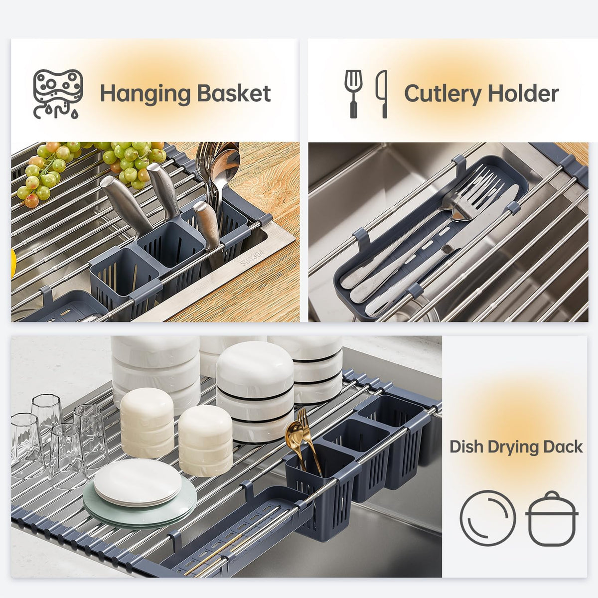 Expandable Over Sink Dish Drying Rack, Large Roll Up Dish Drying Rack with 2 Storage Baskets, Rolling Drain Mats for Kitchen Sink Counter, BPA-Free(12-22 * 15.3'', Blue)