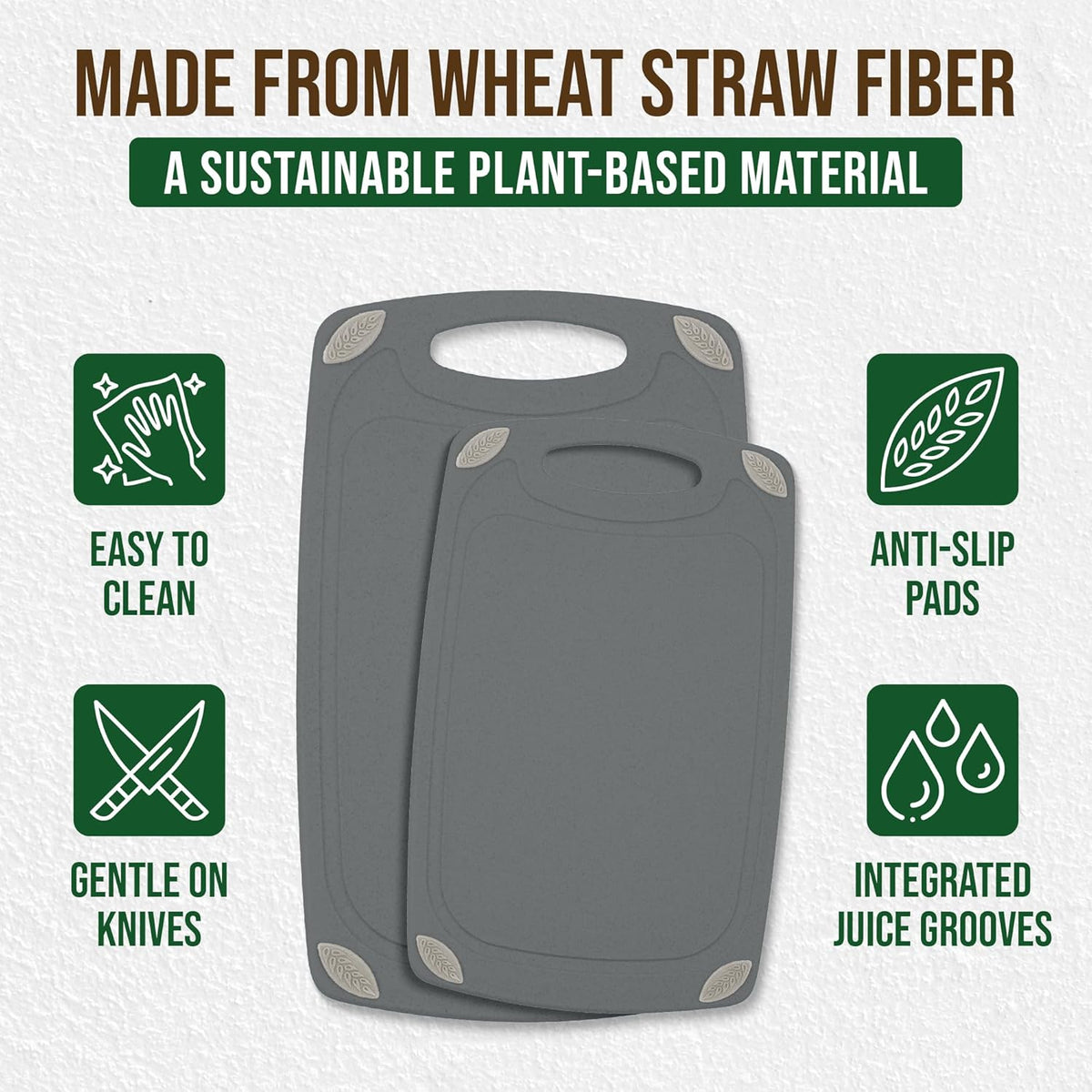 2-Piece Reversible Cutting Board Set Made from Natural Food Grade Wheat Straw Material - Eco-Conscious Alternative to Plastic - Gluten Free & BPA Free Chopping Boards for Kitchen