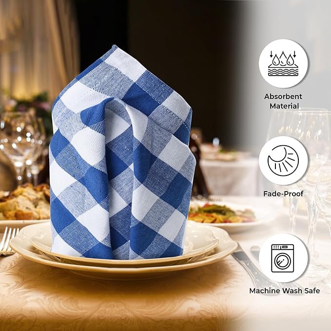 Urban Villa Cloth Napkins 100% Cotton Dinner Napkins Highly Absorbent 20x20 Inches (Set of 12) Blue White Buffalo Checks Reusable Washable Soft Durable Premium Napkins Ideal for Home Wedding Parties