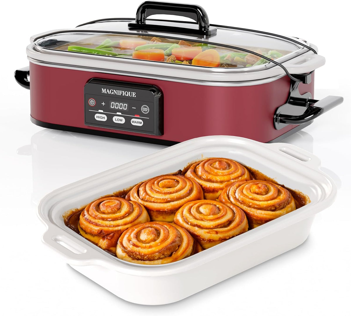 Magnifique 4 Quart Casserole Digital Slow Cooker, Premium Ceramic Bakeware for Oven, Dishwasher Safe Baking Dish, Red
