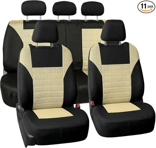 FH Group Automotive Car Seat Covers Full Set Premium 3D Air Mesh Front Seat Covers, Airbag Compatible & Split Bench Cover Universal Fit Interior Accessories for Cars Trucks and SUVs - Beige