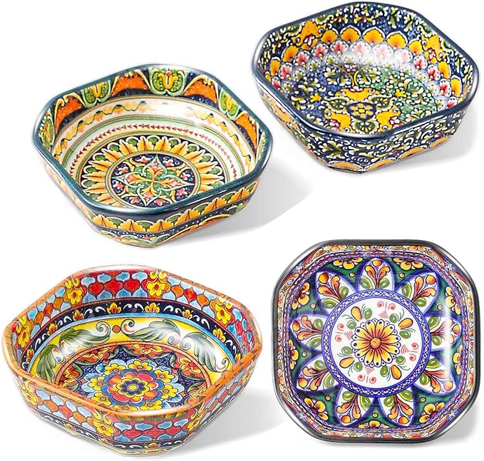 Boho 8 Oz Dipping Sauce Bowls, 4.3 Inches Ceramic Soy Sauce Dish, Bohemian Small Plates 4 Inch,Square Side Dishes, Small Appetizer Plates Set of 4, Colorful Dip Bowl, Microwave, Dishwasher, Oven Safe