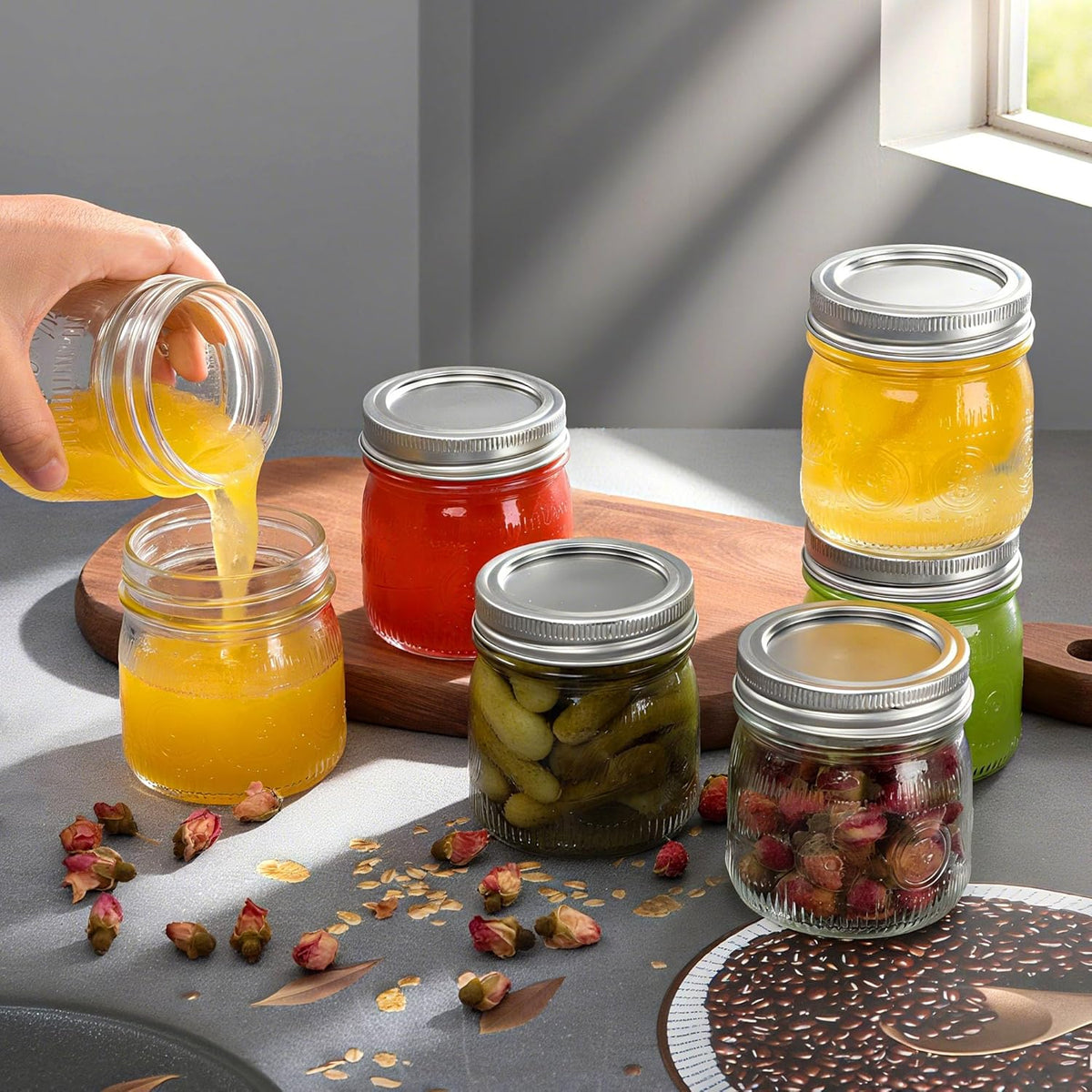 8 oz Small Mason Jars with Regular Airtight Lids - 16 Pack Glass Canning Jars 8 oz, Mini Half Pint Mason Jar for Jam, Jelly, Honey, Overnight Oats, Spices, Candles, Party Favors, Separable Lids