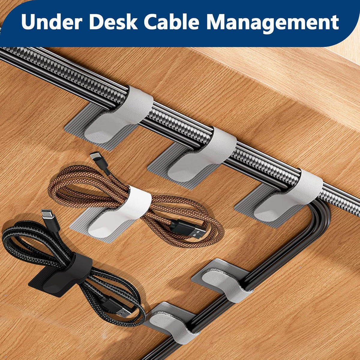 50 PCS Hook and Loop Cable Ties, Under Desk Cable Management, Self Adhesive Cable Clips Straps, Sticky-Back Cord Organizer, Wire Organizer for TV PC Laptop Ethernet Desktop, White