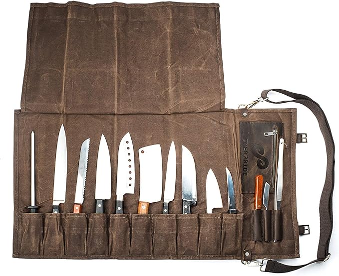 EVERPRIDE Waxed Canvas and Leather Chef Knife Roll Bag – Chef Bag Holds 10 Knives up to 15” PLUS Pocket for Cooking Accessories – Durable Knife Case for Professional Chefs – Knives Not Included