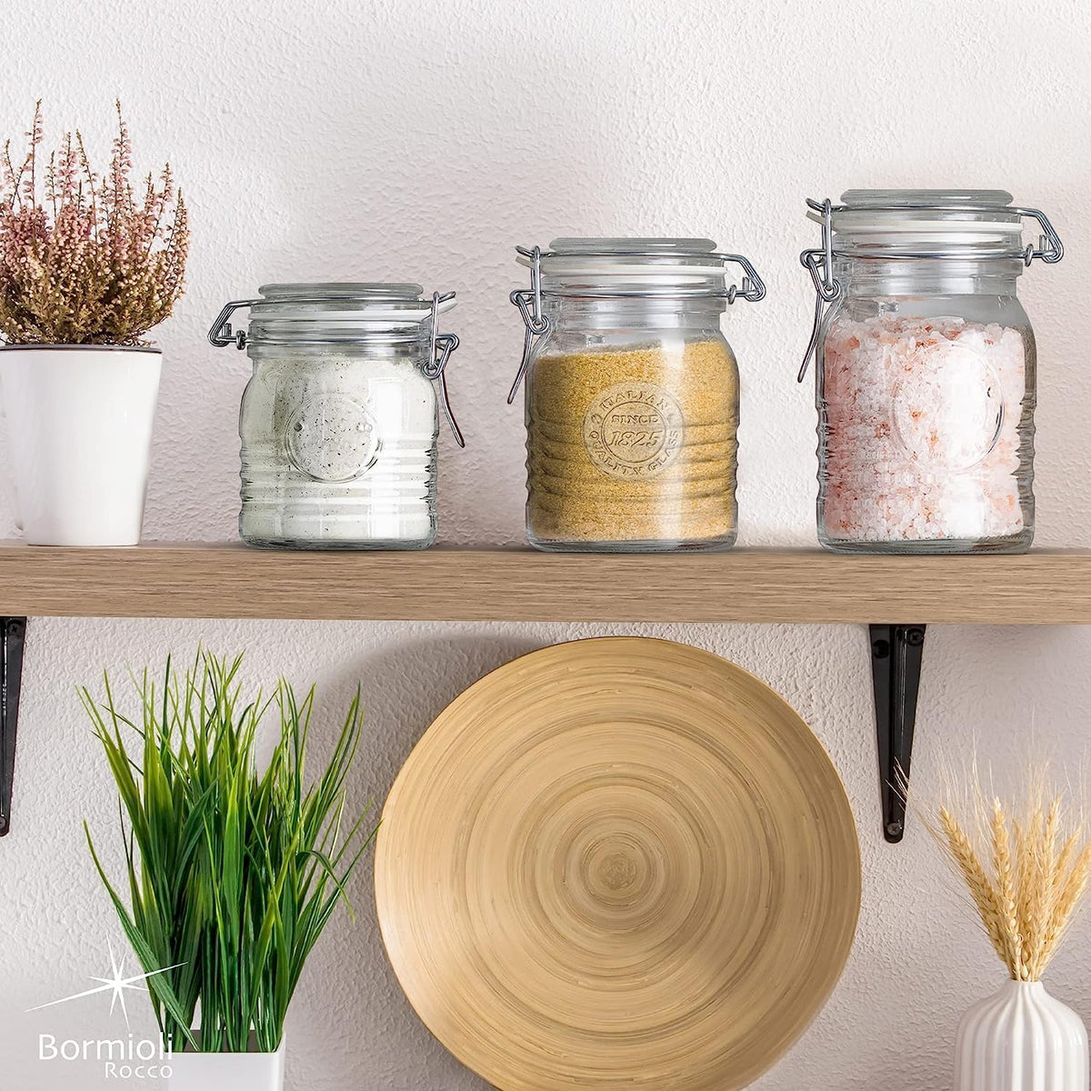 Bormioli Rocco Officina 1825, Set of 3 - Clear Glass Jars with Swing Top - Vintage Industrial Style Airtight Containers for Dry Food Storage, 33.75 Oz, 25.25 Oz, 17 Oz - Dishwasher Safe, Made in Italy