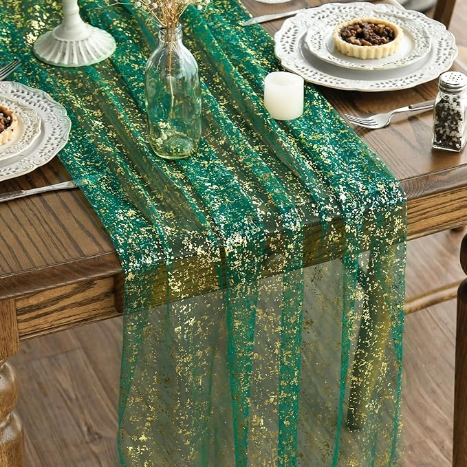 Artoid Mode Green Gold Gauze Table Runner 120 Inch 10FT, Glitter Metallic Foil Sheer Dining Wedding Anniversary Holiday Table Decor for Home Party
