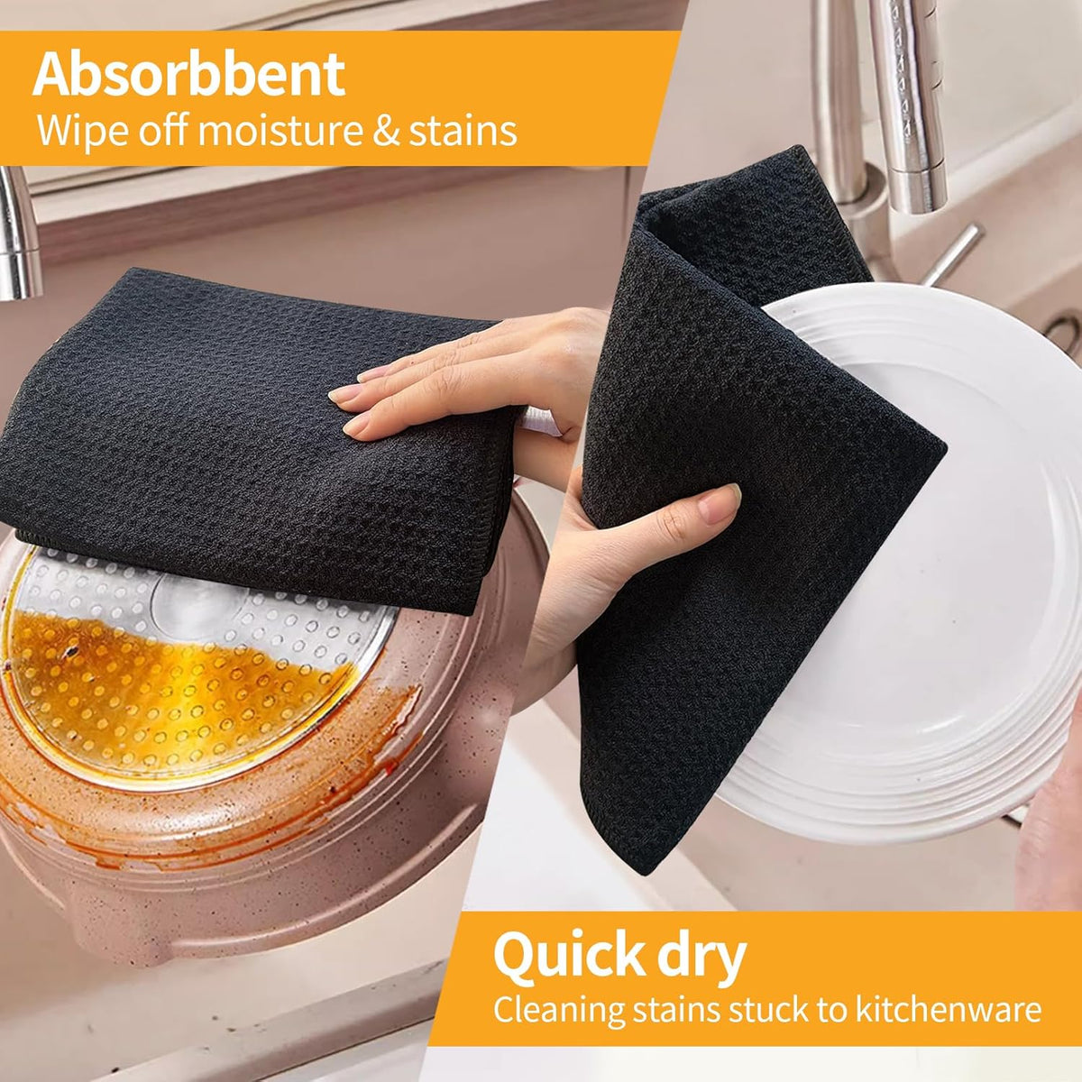 KinHwa Kitchen Washcloths for Dishes Absorbent Microfiber Dish Cloths Quick Dry Dish Rags with Poly Scour Scrub Side Ideal for Kitchen Cleaning (Black-T, 15inchx27inch 6 Pack)