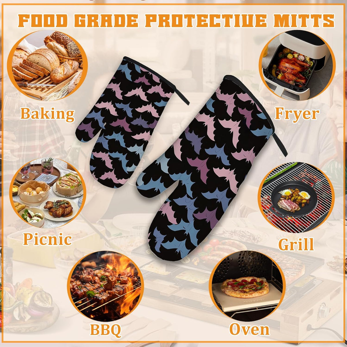 Colorful Bats Oven Mitts and Pot Holders Set,Kitchen Oven Gloves and Pot Holder with Heat Resistant Non Slip for Cooking Baking Grilling(4 Piece Set)
