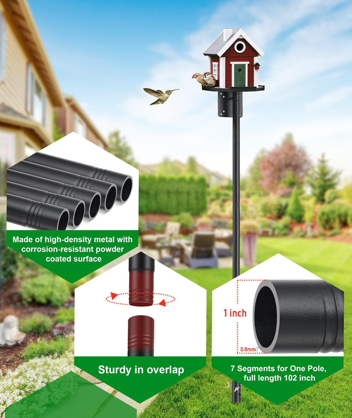 Heavy Duty Bird Feeder Pole - 109 Inch Adjustable 1 Inch Metal Bird House Pole with 14” Deep Auger Base | Outdoor Mount Kit for Bluebird Houses, Hummingbird Feeders, Smart Bird Feeder with Camera