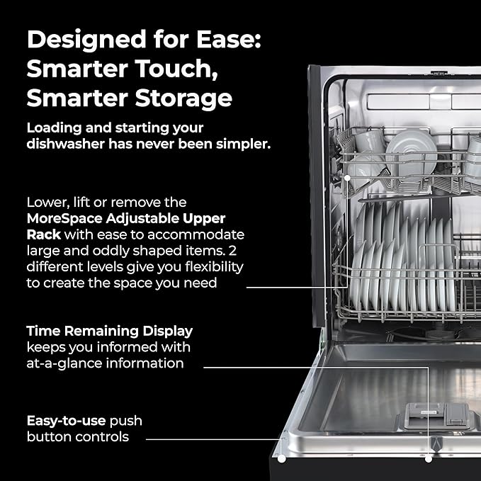 Kenmore 24" Premium Hybrid Tub Dishwasher - UltraWash, MoreSpace Adjustable Rack, High Temp & SmartWash - 12 Place Settings - 54 DBA - ENERGY STAR Certified - Black