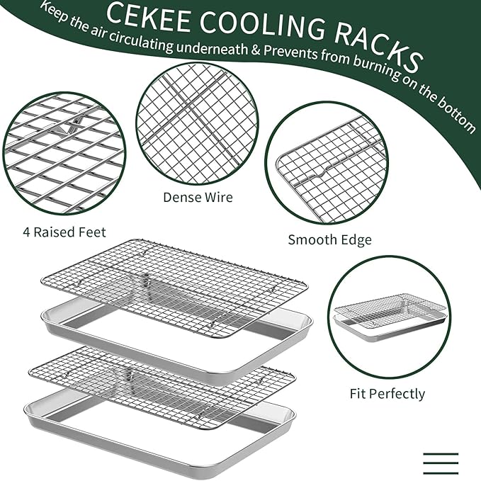 CEKEE 4 PCs Small Baking Sheet With Wire Rack Set [2 Pans + 2 Cooling Racks], 10 Inch Stainless Steel Tray - Rust & Warp Resistant, Easy Clean