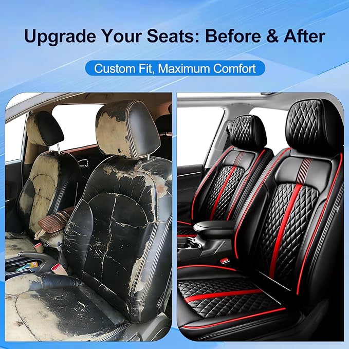 Car Seat Covers for Select Honda Fit 2007-2020, Premium Full Coverage Leather, Airbag Compatible & Scratch-Resistant, Waterproof & All Weather Breathable Seat Protector, Full Set, Red Trim