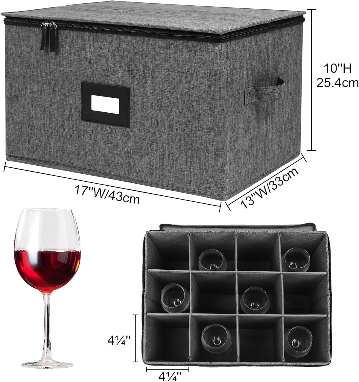 Mayniu Wine Glass Storage Box 2 Pack, Stemware Storage Containers Cases, Glassware Storage for 24 Crystal Glasses, Hard Shell Top Sides Bottom and Stackable (17'' x 13'' x 10'', Black)