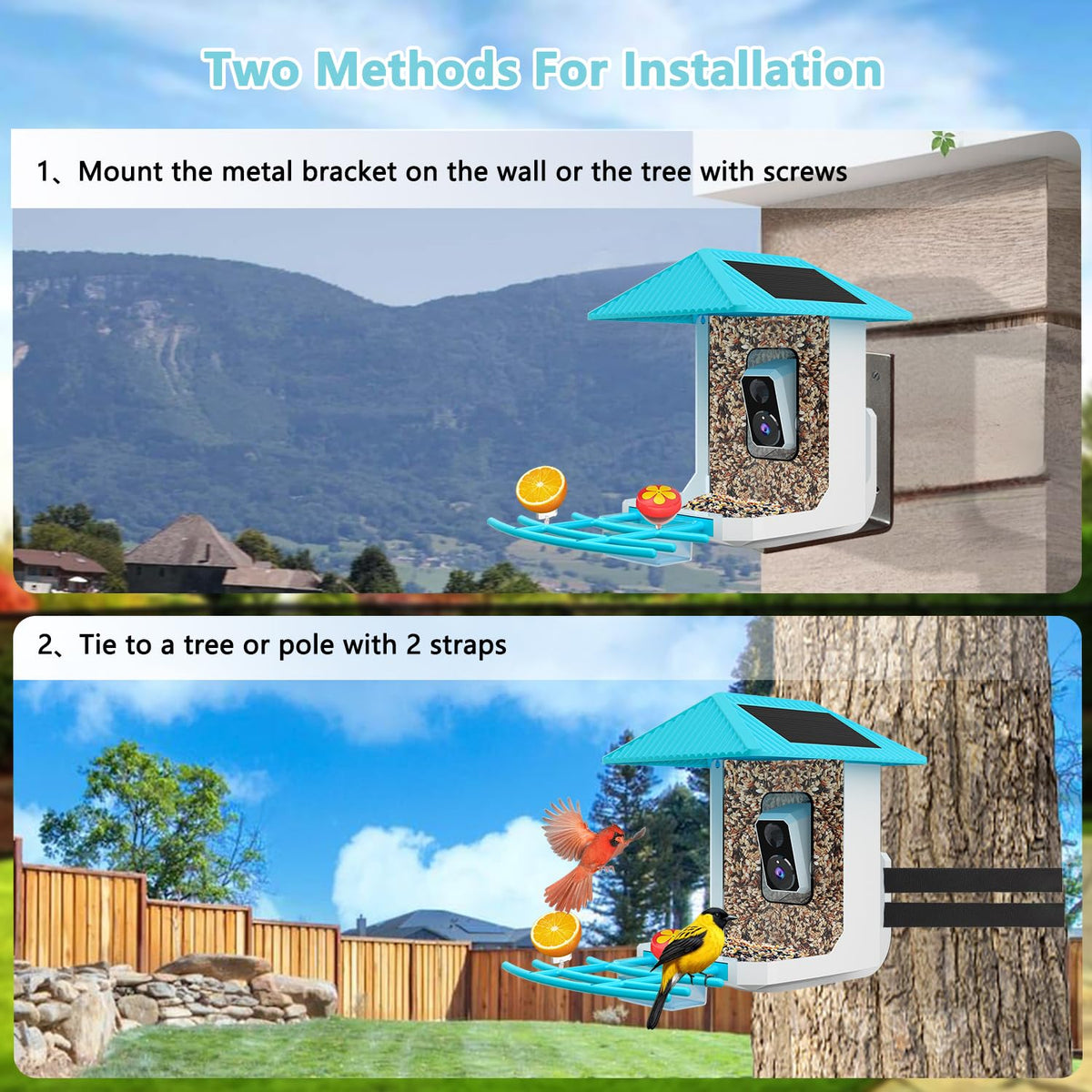 2.5K Smart Bird Feeder with Camera, 5GHz &2.4GHz Birds Watching Camera with AI Identify Bird Species, Outdoor Birds Feeder House with Solar Panel for BirdLovers (Blue)