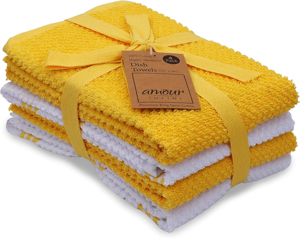 AMOUR INFINI Kitchen Towels Pack of 4 - Absorbent, Quick Drying Premium Cotton Tea Towel - Kitchen Linens 16x28 Inch Dish Towels with Hanging Loop (Yellow)