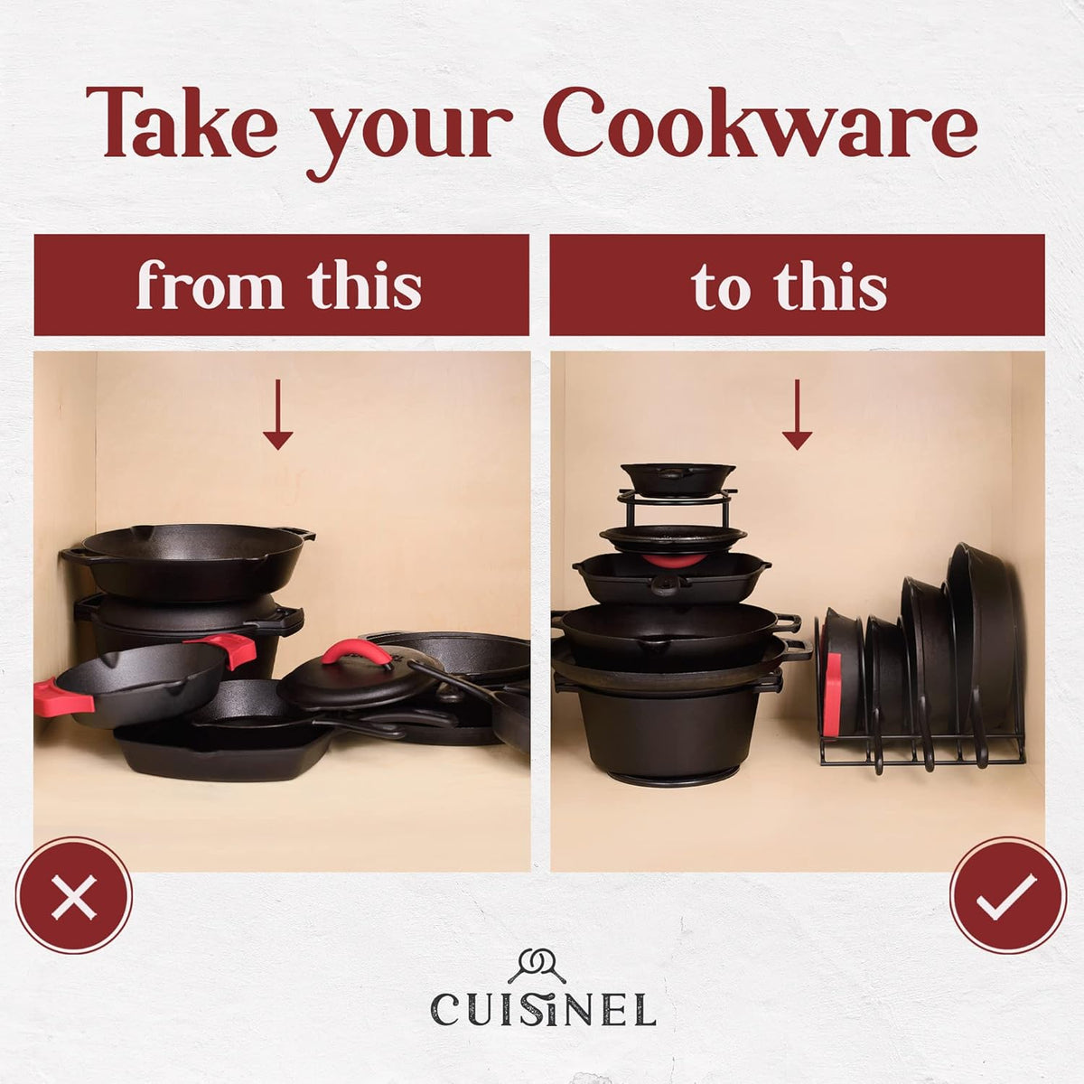 Pan Organizer - 2-PACK of Silicone-Coated Non-Slip 15" Heavy Duty Skillet Rack - Kitchen Counter/Cabinet Organization Storage - Holder for Cookie Sheet, Cutting Board, Cast Iron Cookware, Dish Stand