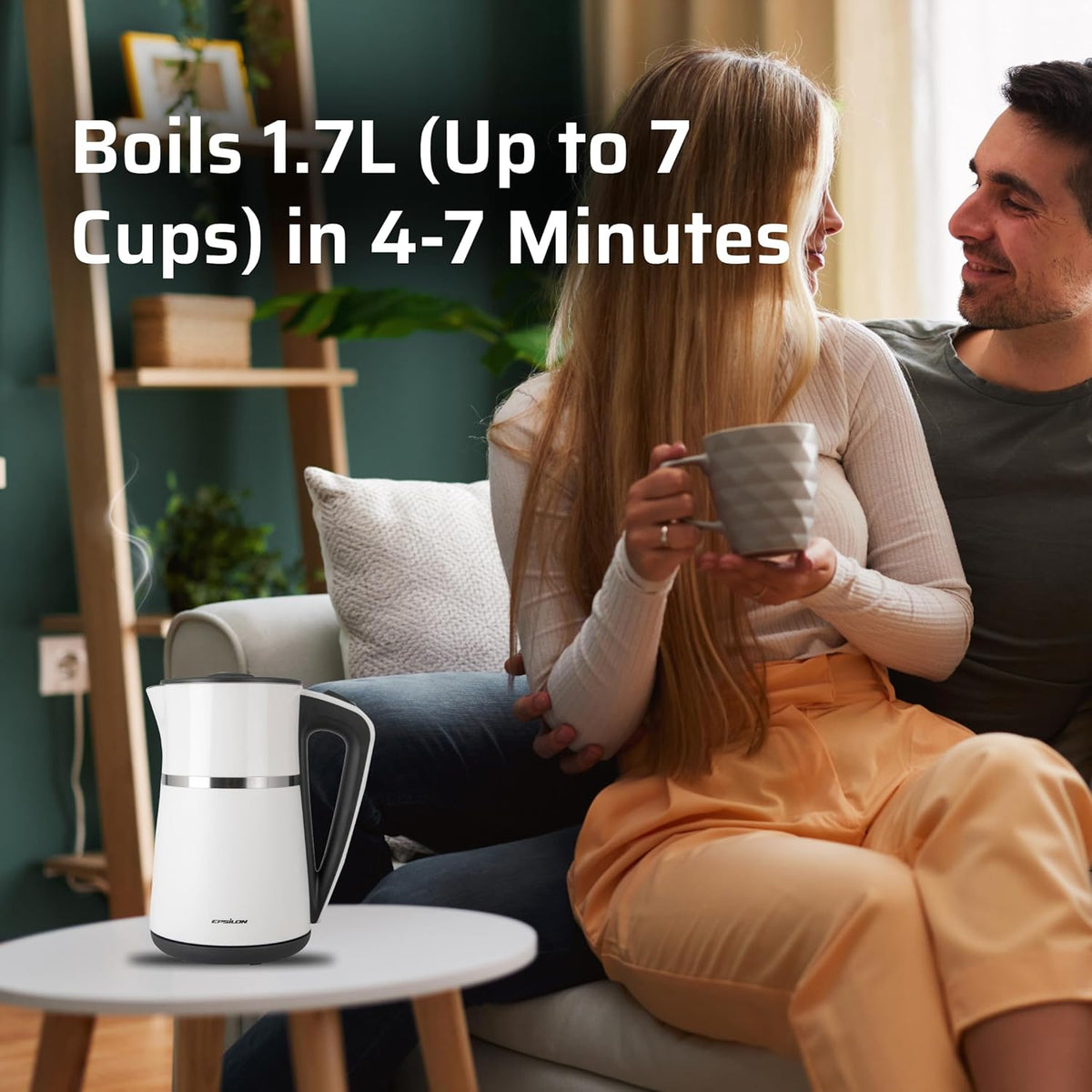 Epsilon Double Wall Electric Kettle 1500W – 1.7L Hot Water Tea Kettle & Hot Water Boiler with Auto Shut-Off, Boil Dry Protection, BPA-Free Stainless Steel Electric Teapot, Fast Boil, Cool Touch Design