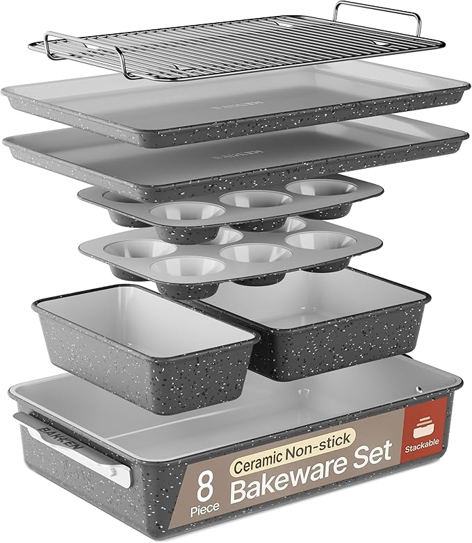 Bakken 8-Piece Stackable Bakeware Set – Ceramic Non-Stick, Oven-Safe Baking Sheets & Pans, PTFE/PFOA/PFOS-Free, Ergonomic Handles, Includes Cooling Rack – Healthy, Non-Toxic Baking Essentials